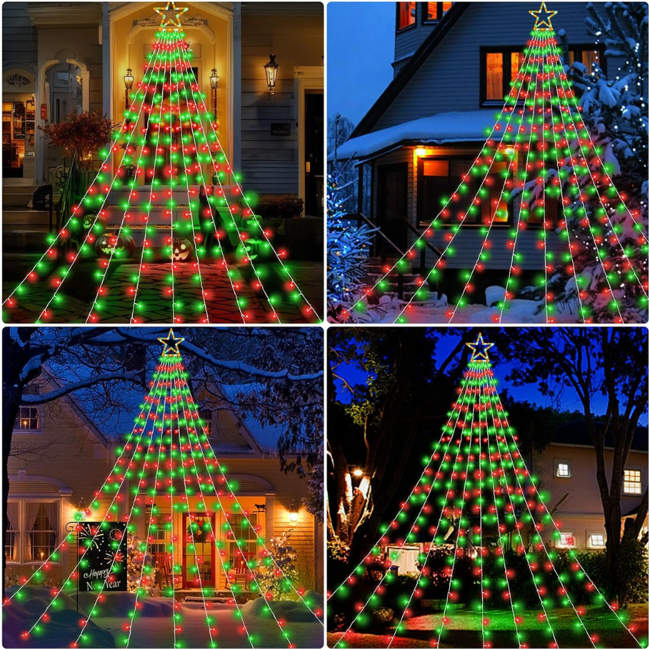 Christmas Tree Waterfall Lights, 317 LED Red and Green String Lights With Star Topper, 9 Strands, 11.5 ft, IP44 Outdoor
