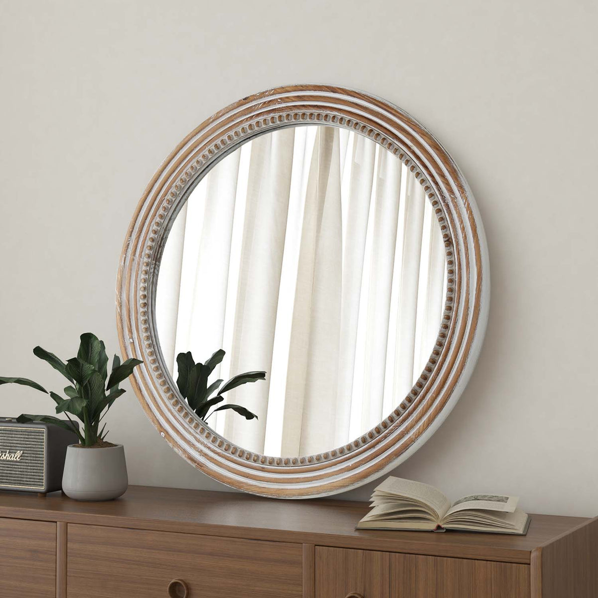 Rustic Round Wall Mirror, 23.62 Inch Beaded Wood Farmhouse Circle Mirror, Antique Natural