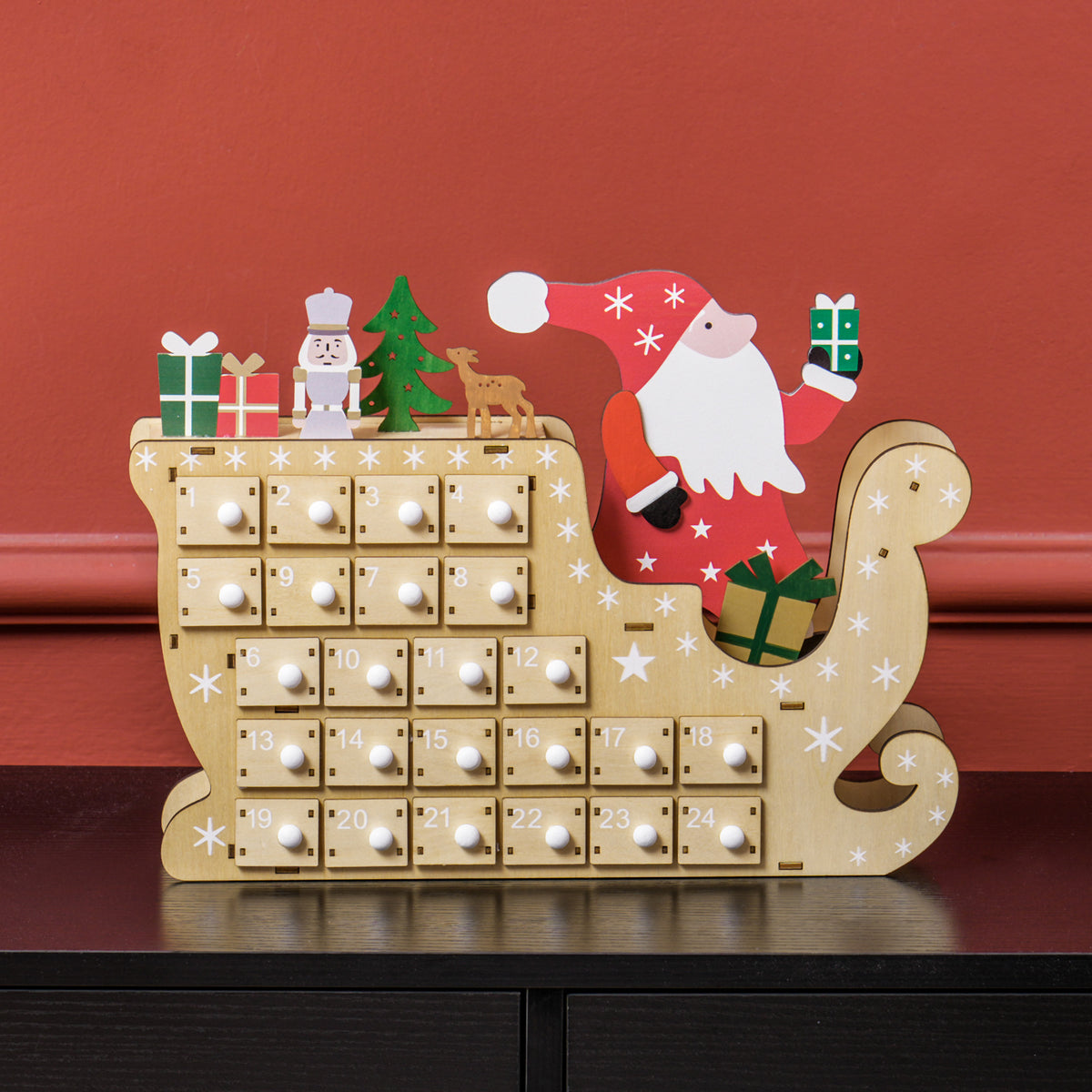 Wooden Christmas Advent Calendar with 24 Countdown Drawers, Santa Sleigh Holiday Decor, Natural