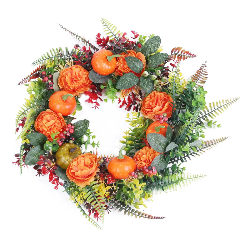 Fall Front Door Wreath With Mini Pumpkins, Red Berries and Mixed Leaves, 17.71 Inch Orange and Green Autumn Wreath