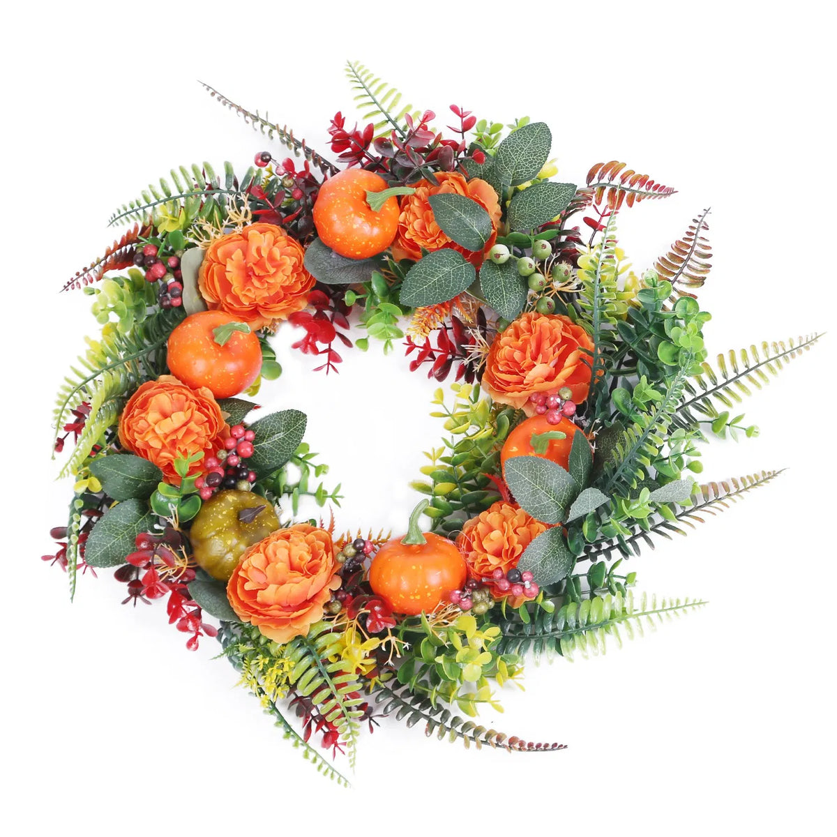 Fall Front Door Wreath With Mini Pumpkins, Red Berries and Mixed Leaves, 17.71 Inch Orange and Green Autumn Wreath