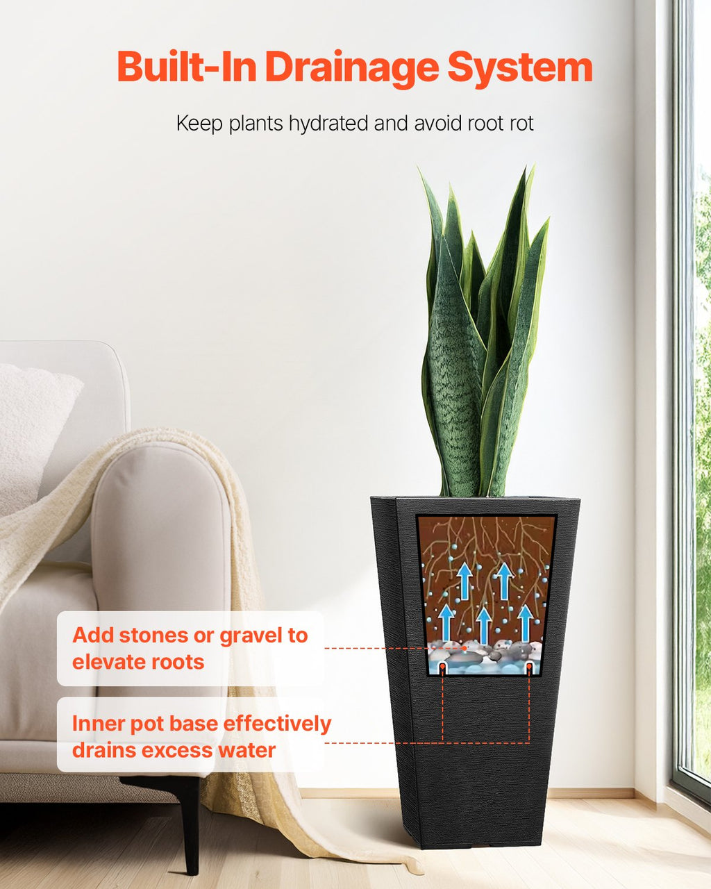 Tall Outdoor Planters Set of 2, 22 Inch Black Square Plant Pots With Built-In Drainage for Porch, Patio, and Indoor Plants