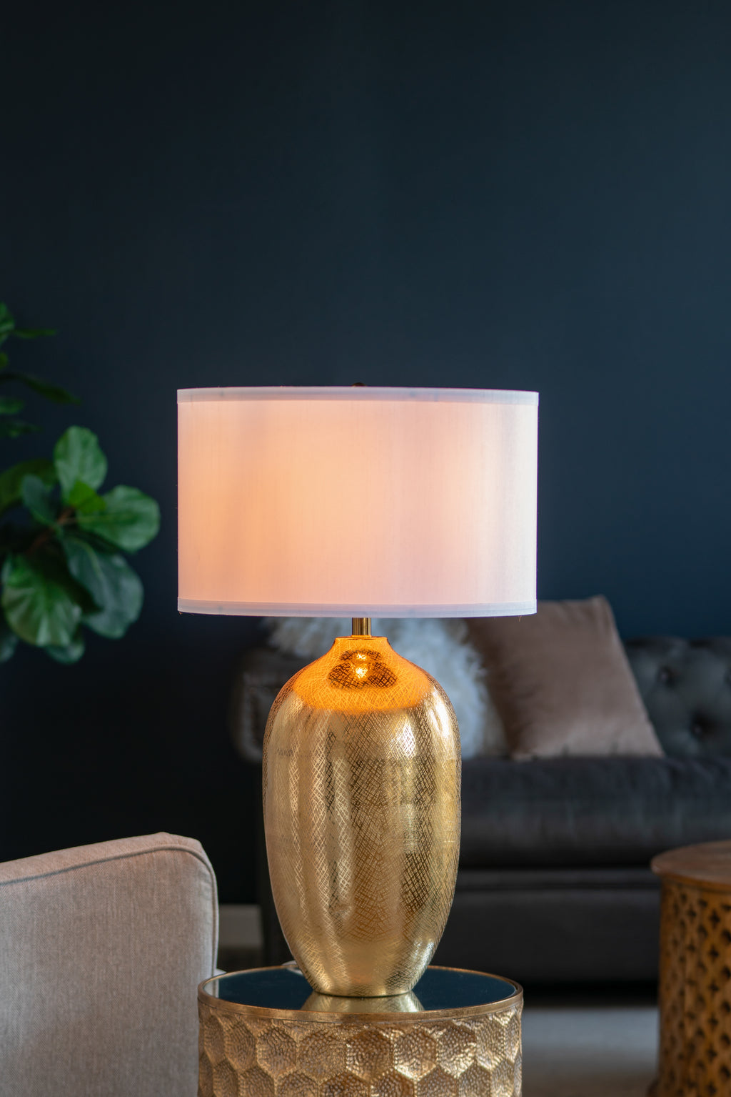 Gold Table Lamp With White Fabric Drum Shade, 31 Inch Textured Aluminum Base