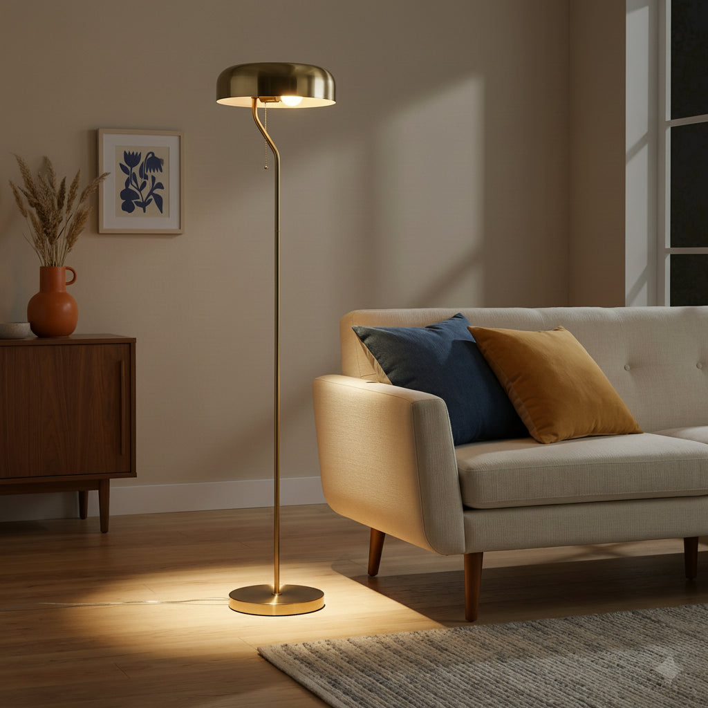 Gold Metal Floor Lamp With Dome Shade, 55" Tall Pull Chain Standing Lamp for Living Room, Bedroom and Office