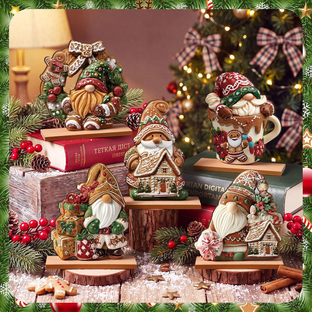 Gingerbread Christmas Table Decorations, 5 Pack Wooden Gnome Centerpieces With Bases for Home and Tray Decor