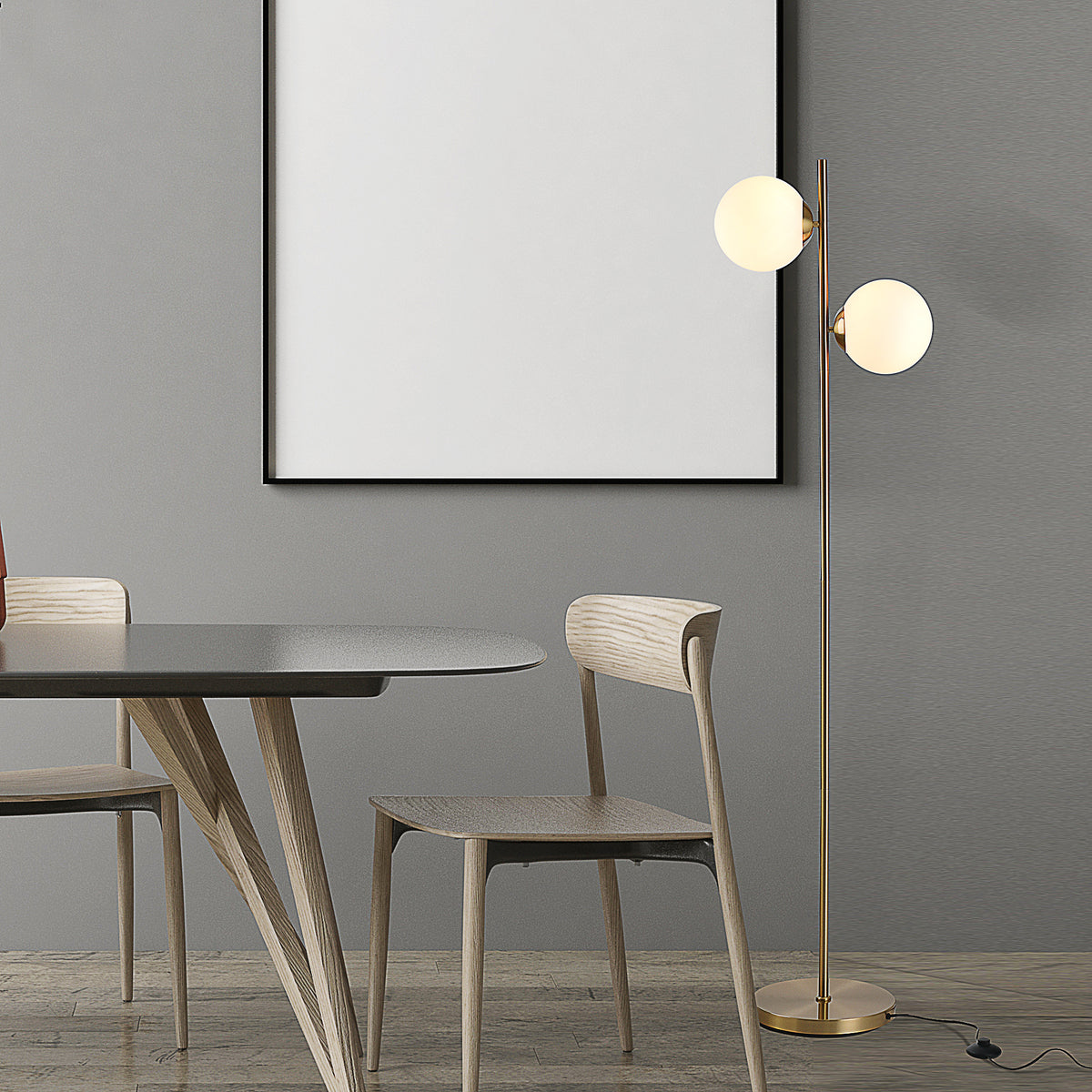 Modern Floor Lamp With 2 White Glass Globe Shades, Gold Metal Body, 65" Tall Standing Light for Living Room and Bedroom