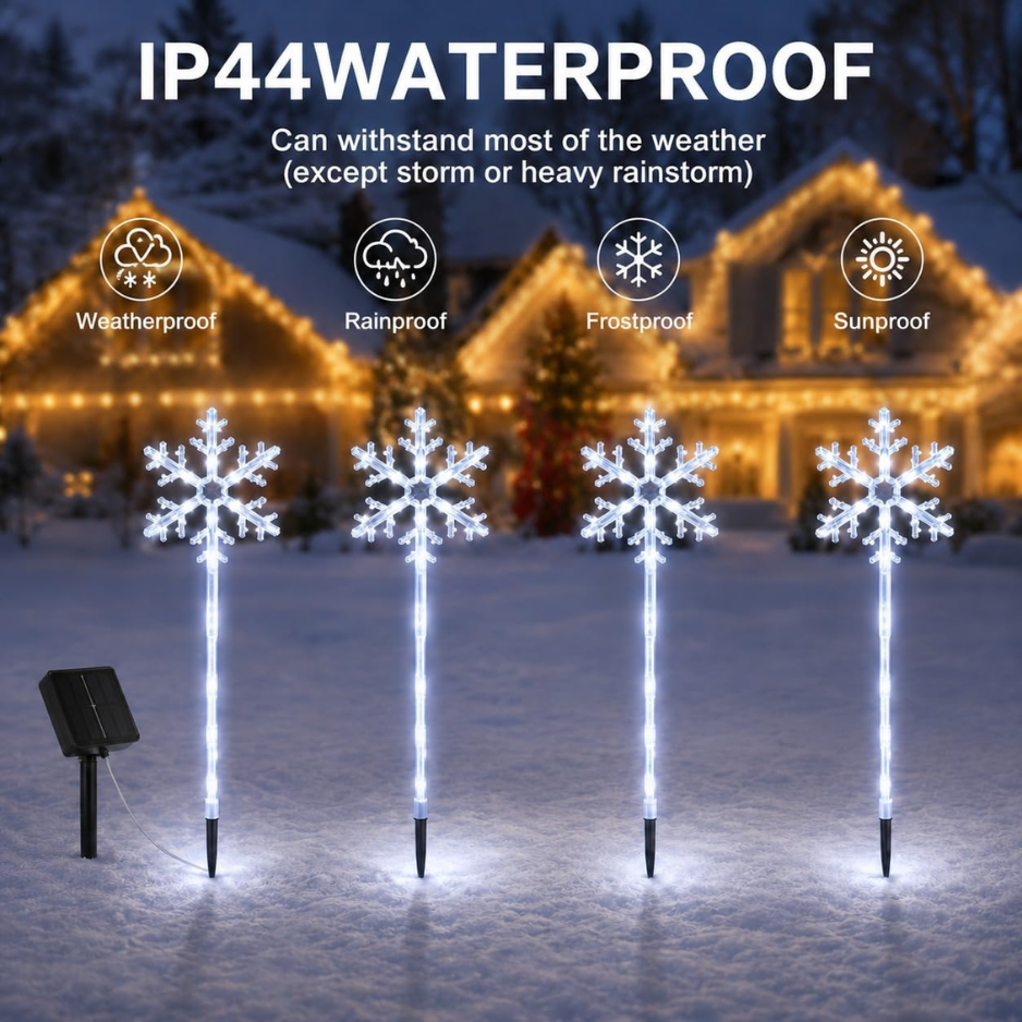 Solar Snowflake Pathway Lights, 4 Pack White LED Christmas Stake Lights for Yard and Walkway