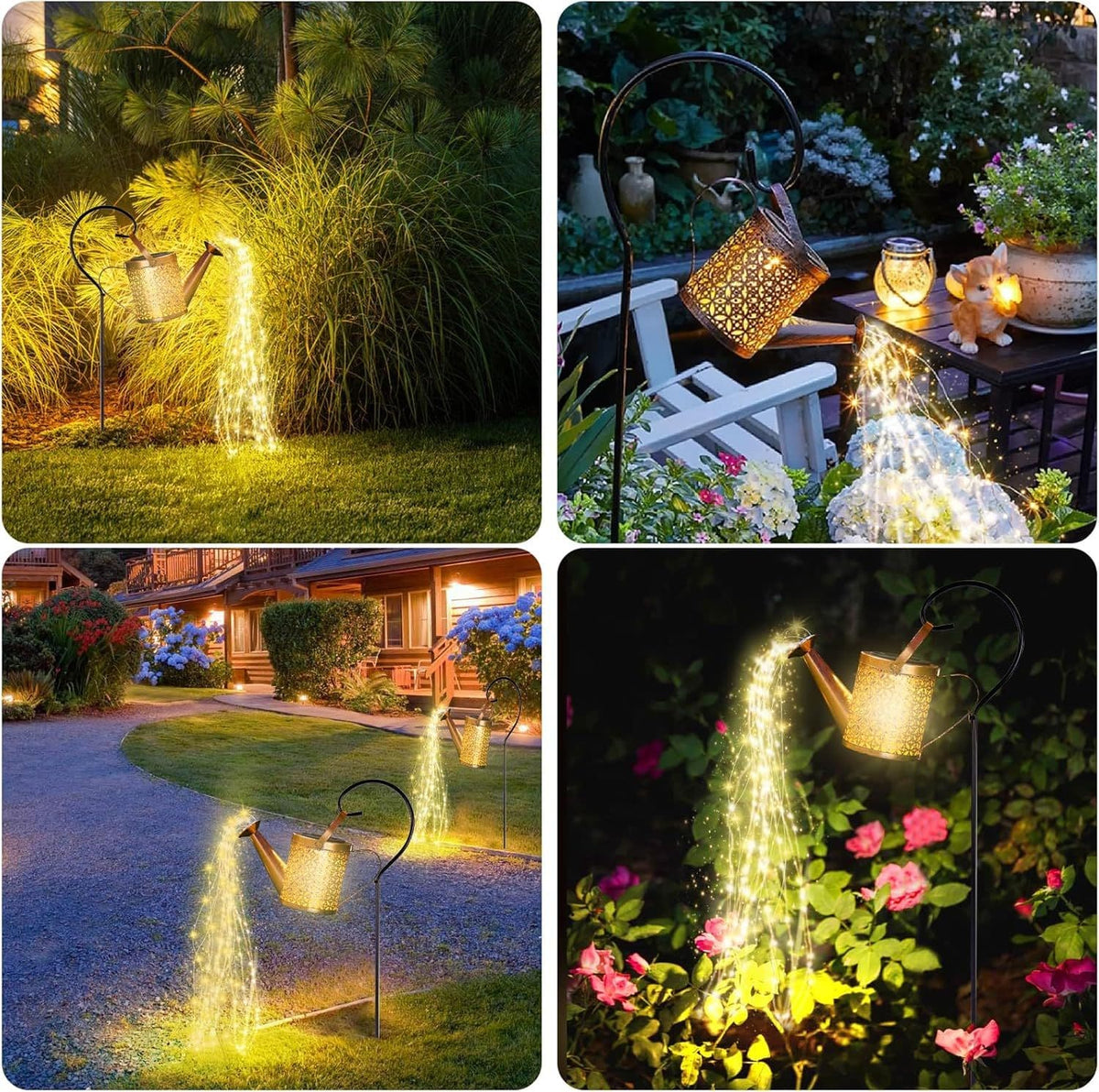 Solar Watering Can With Cascading String Lights, Metal Garden Stake Lantern With 32" Shepherd Hook, Waterproof Outdoor Pathway Decor