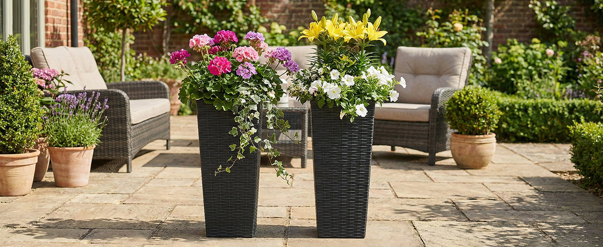 Tall Resin Planters, Set of 2 Black Rattan Look Tapered Flower Pots With Drainage Holes and Removable Inner Pot