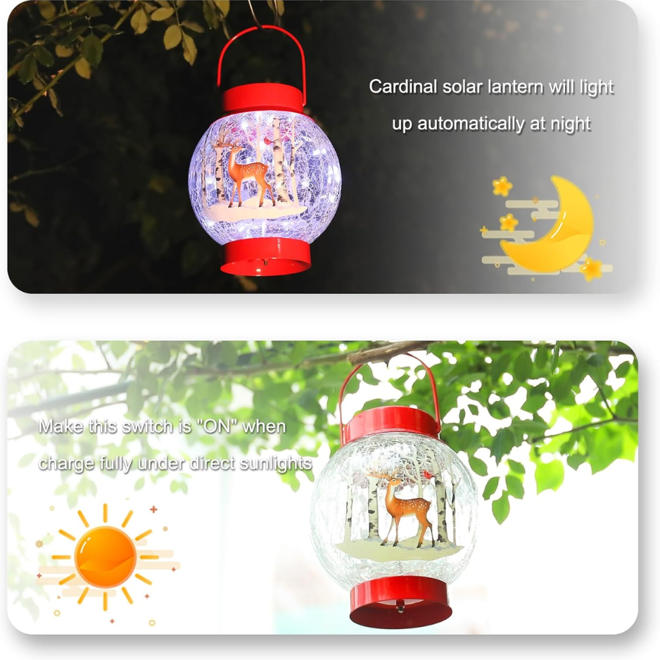 Christmas Solar Lantern With Deer and Birch Tree Scene, Red Metal and Crackle Glass Hanging Outdoor Light
