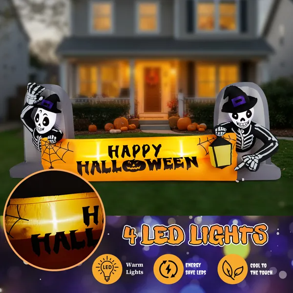 Halloween Inflatable Skeleton Tombstone Banner, 9.6 FT Lighted Outdoor Yard Decoration With 4 Built-In LEDs