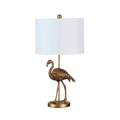 Flamingo Table Lamp, 26 Inch Matte Gold Resin Accent Lamp With White Drum Shade