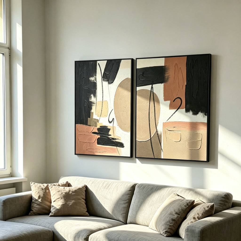 Framed Abstract Canvas Wall Art Set of 2, 25x37 In Black Beige & Terracotta Textured Painting for Living Room and Bedroom