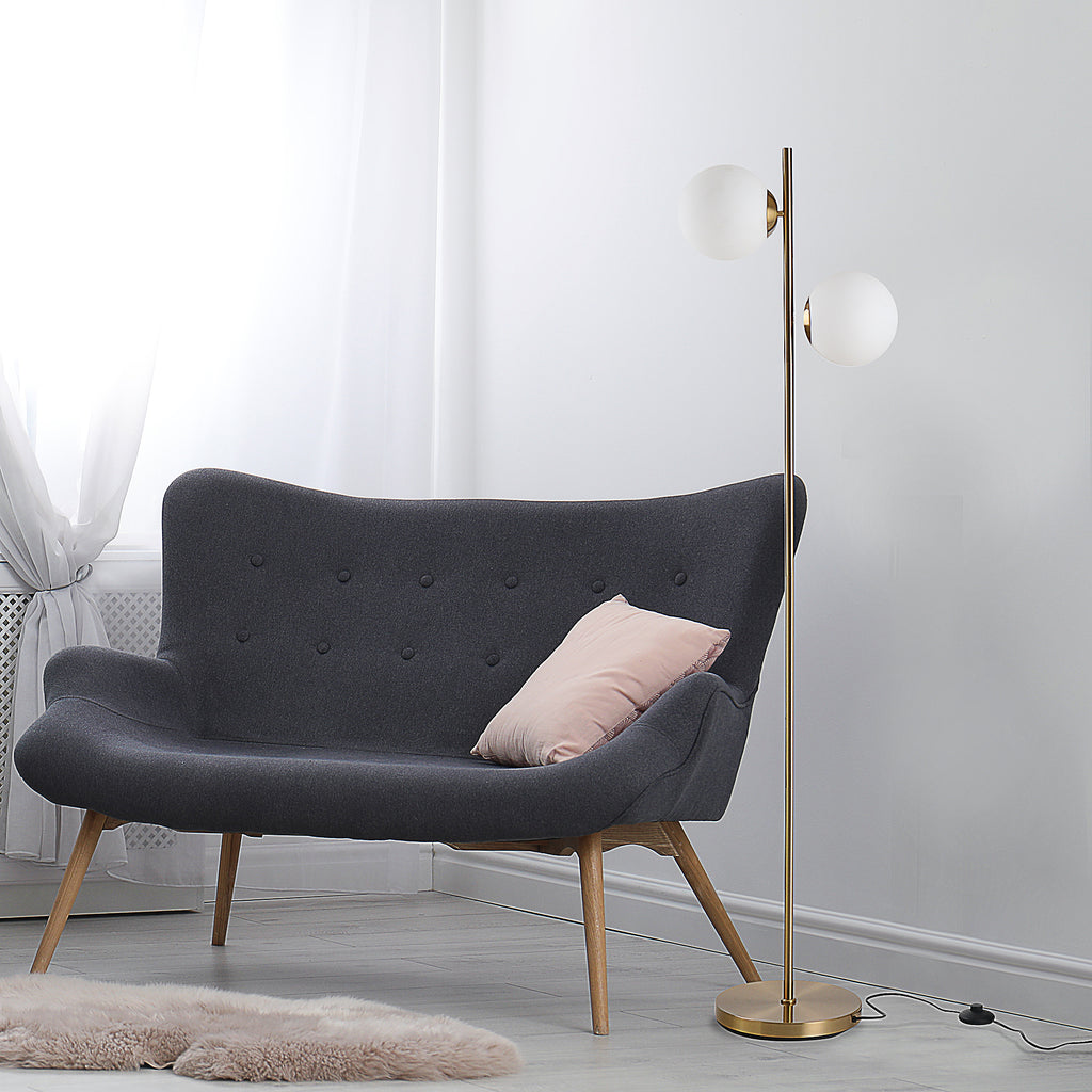 Modern Floor Lamp With 2 White Glass Globe Shades, Gold Metal Body, 65" Tall Standing Light for Living Room and Bedroom