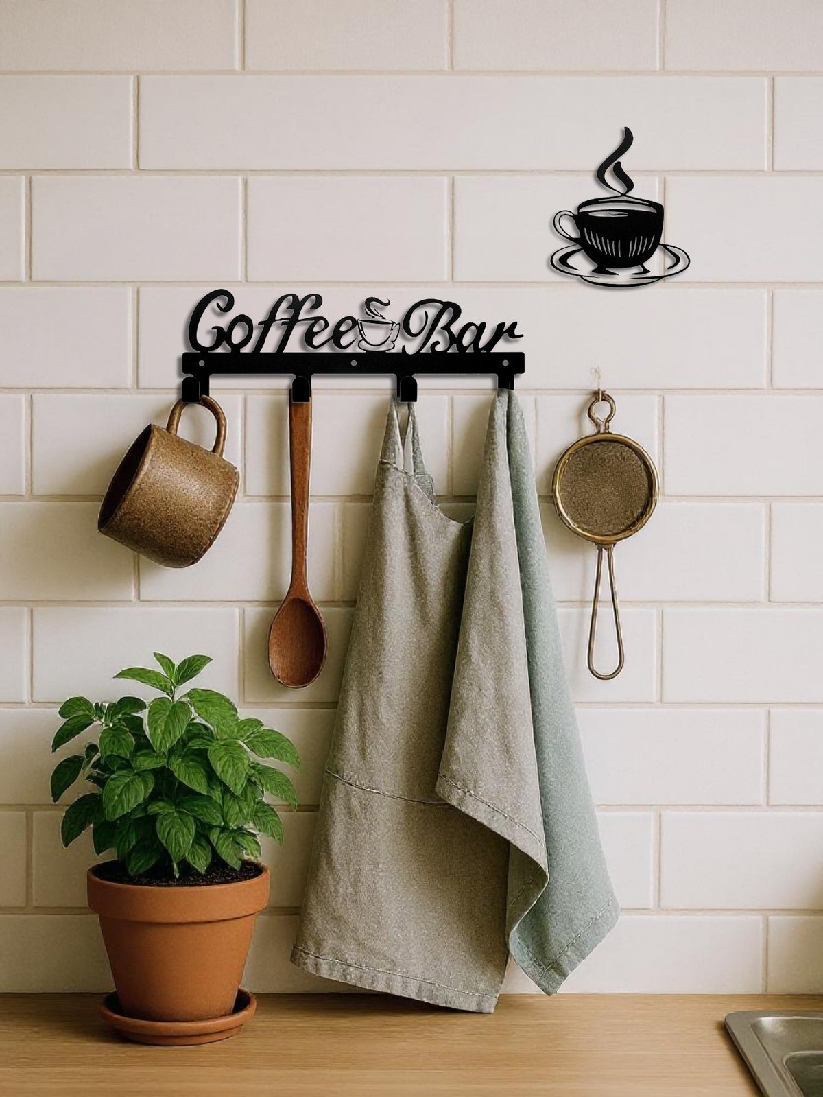 Coffee Bar Wall Hook Rack With 4 Hooks and Coffee Cup Wall Decor, Black Metal Kitchen Organizer