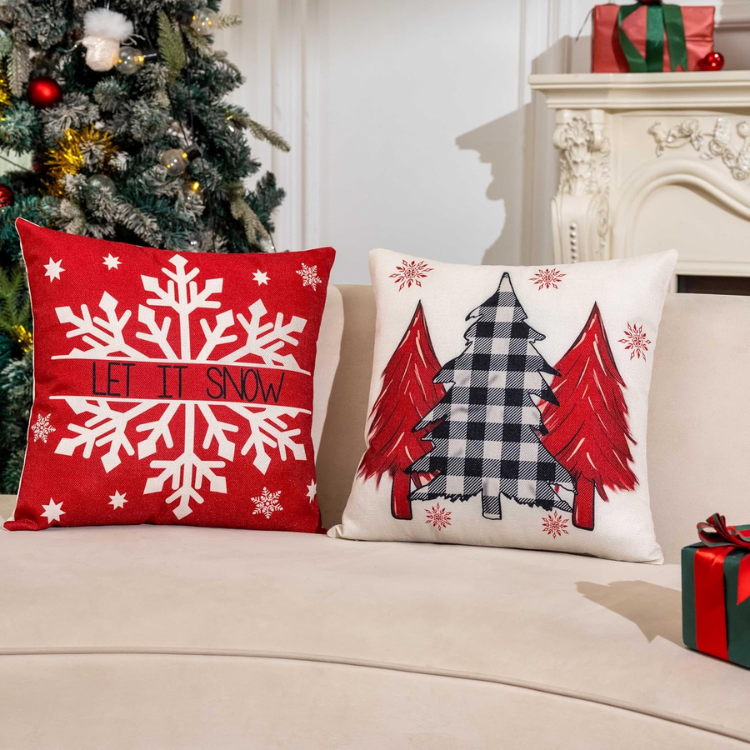 Christmas Throw Pillow Covers, Set of 4 Red and White 18x18 Inch Polyester Linen Cushion Cases with Joy, Snowflake and Tree Designs