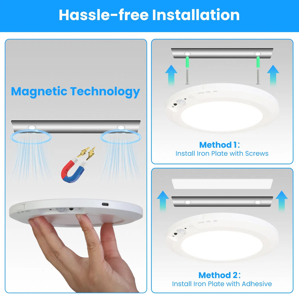 Motion Sensor Ceiling Light, Rechargeable Wireless LED Flush Mount With Remote, Dimmable 3 Color Temperatures, White 7.09 In