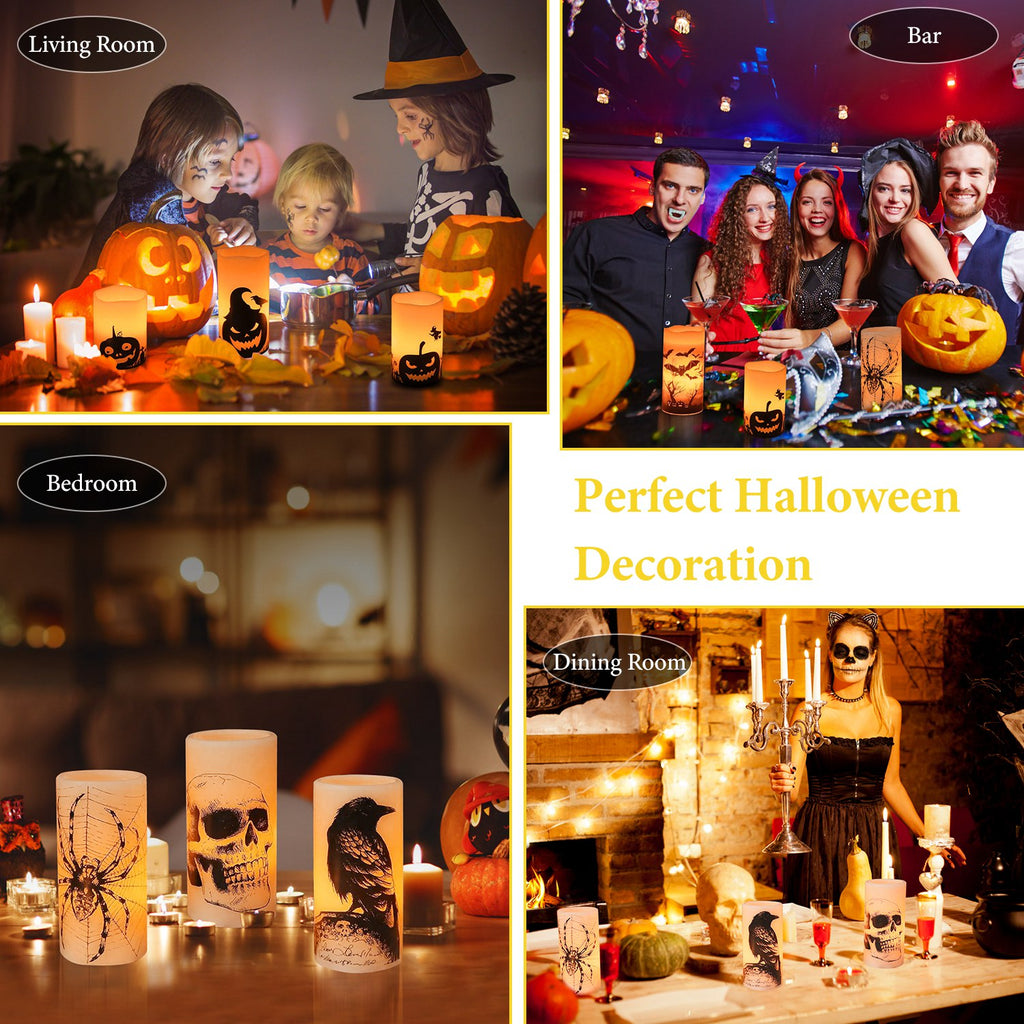 Halloween Flameless LED Candles, Set of 3 Battery Operated Pillar Candle Lamps With 6-Hour Timer, Warm Orange Light