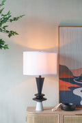Black Aluminum Table Lamp With White Drum Shade, 26.7 In Modern Sculptural Disc Accent Lamp