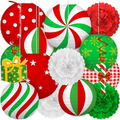 Christmas Paper Lantern and Pom Pom Set, 15 Piece Red White Green Hanging Holiday Decorations with Swirls