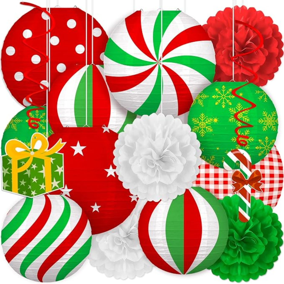 Christmas Paper Lantern and Pom Pom Set, 15 Piece Red White Green Hanging Holiday Decorations with Swirls