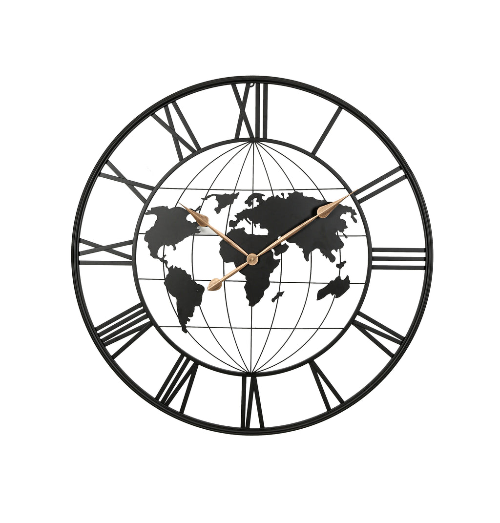 36 Inch Large Metal Wall Clock, Black World Map Design With Gold Hands, Oversized Roman Numeral Decor for Living Room