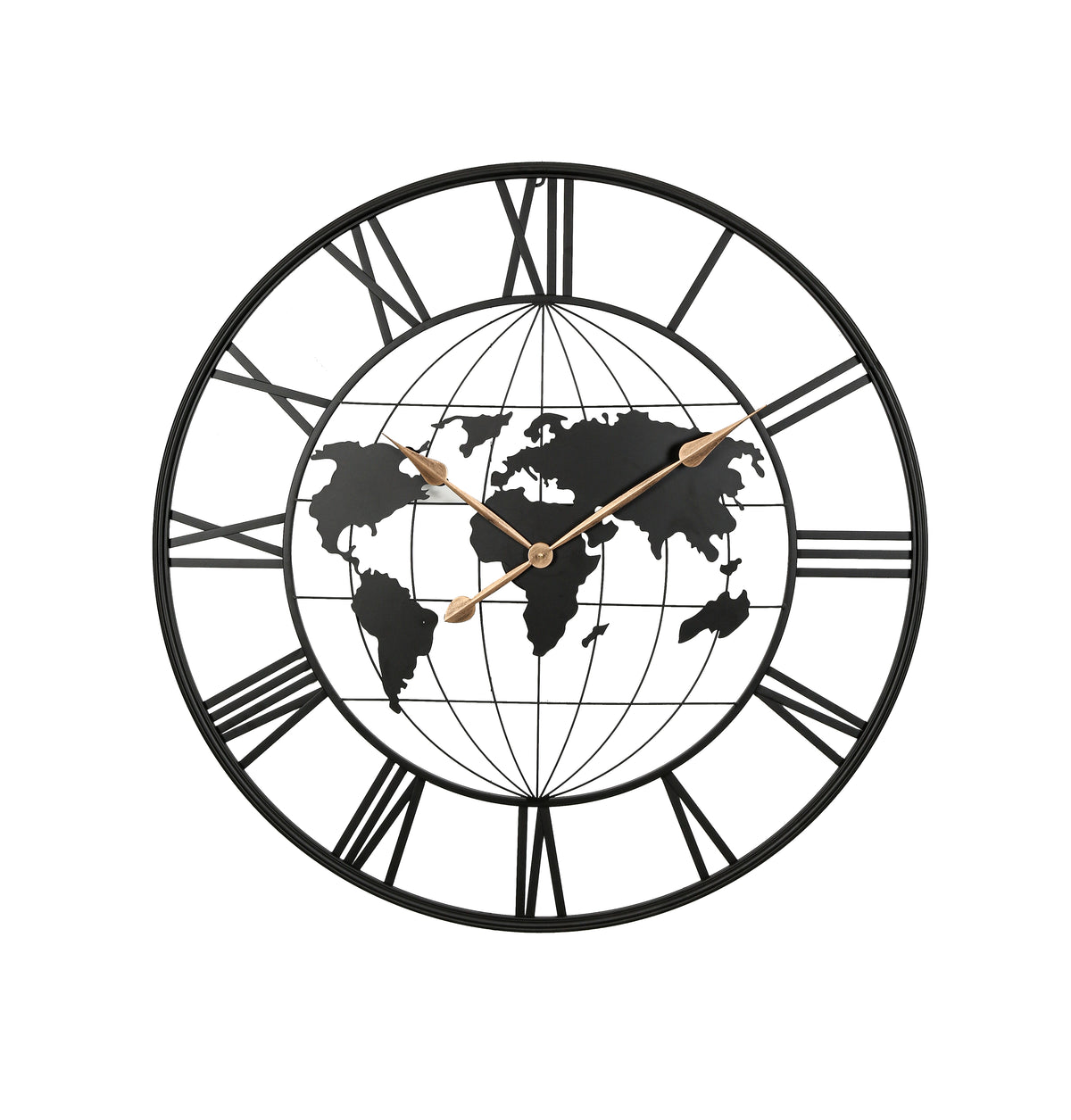 36 Inch Large Metal Wall Clock, Black World Map Design With Gold Hands, Oversized Roman Numeral Decor for Living Room