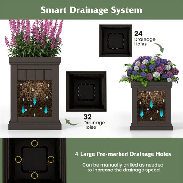 Square Planter Box Set of 2, Stackable Brown Planters With Drainage Holes for Indoor and Outdoor Use