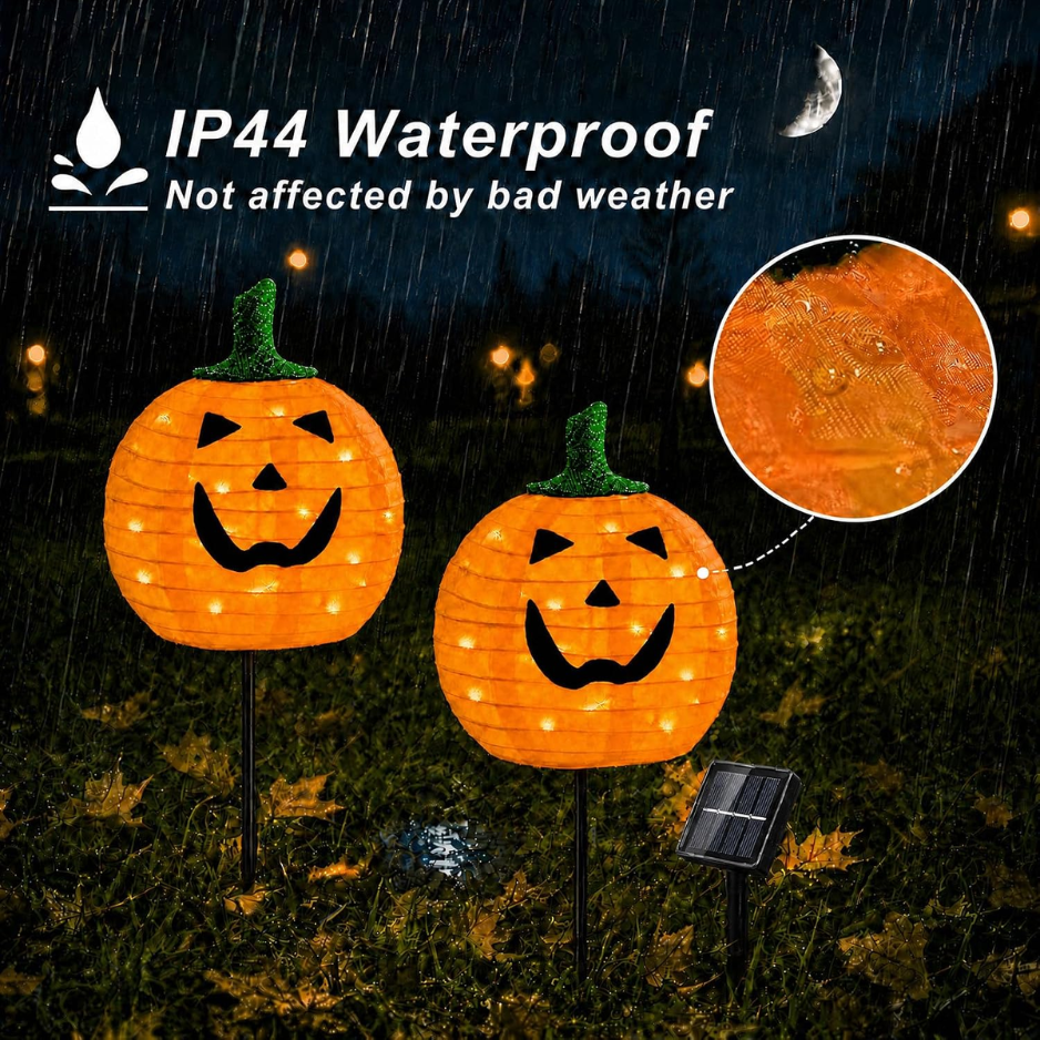 Solar Halloween Pumpkin Stake Lights, 2 Pack 12 Inch LED Jack O Lantern Outdoor Pathway Decorations, Orange