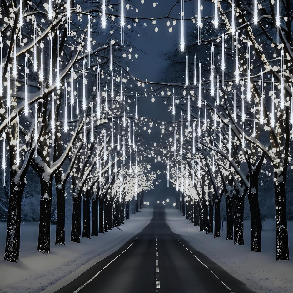 Meteor Shower Lights Outdoor, 8 Tubes 192 LED Falling Rain Icicle String Lights, 12 Inch Cascading Snow Lights, White