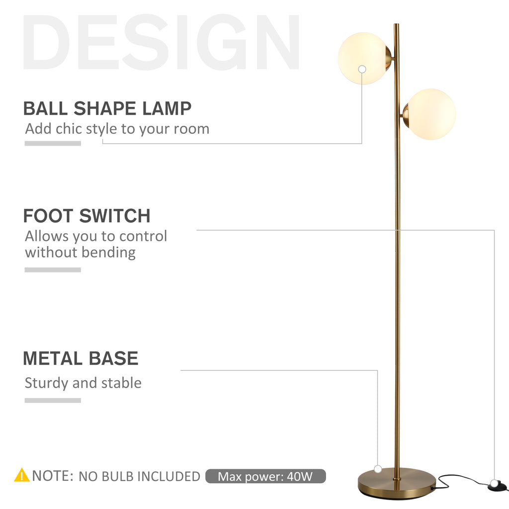 Modern Floor Lamp With 2 White Glass Globe Shades, Gold Metal Body, 65" Tall Standing Light for Living Room and Bedroom
