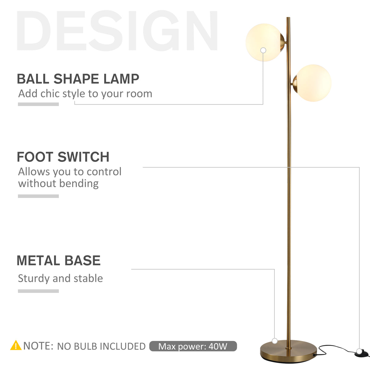 Modern Floor Lamp With 2 White Glass Globe Shades, Gold Metal Body, 65" Tall Standing Light for Living Room and Bedroom