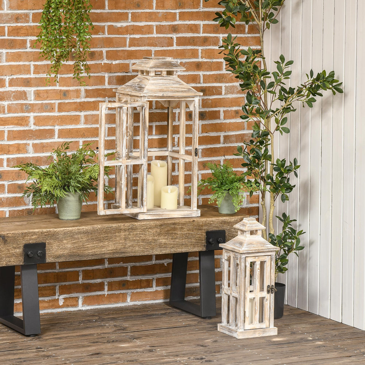 Rustic Wooden Candle Lanterns, Set of 2, Whitewashed Fir Wood Decorative Floor Lanterns for Indoor and Covered Outdoor Use, Natural