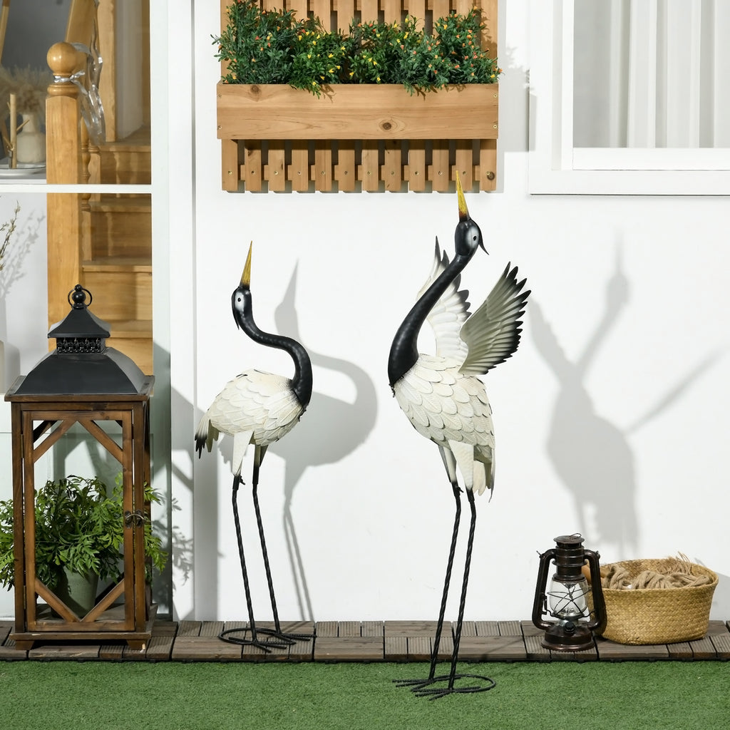 Metal Heron Garden Statues, Set of 2 Standing Crane Yard Sculptures in White and Black, 35.5" and 40.5" Steel Lawn Decor
