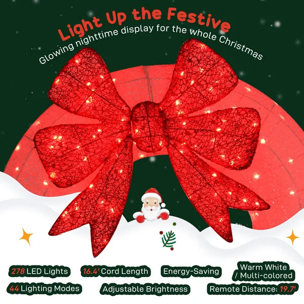 60" Lighted Christmas Wreath With Red Bow, 278 LED Color-Changing Outdoor Holiday Decoration With Remote
