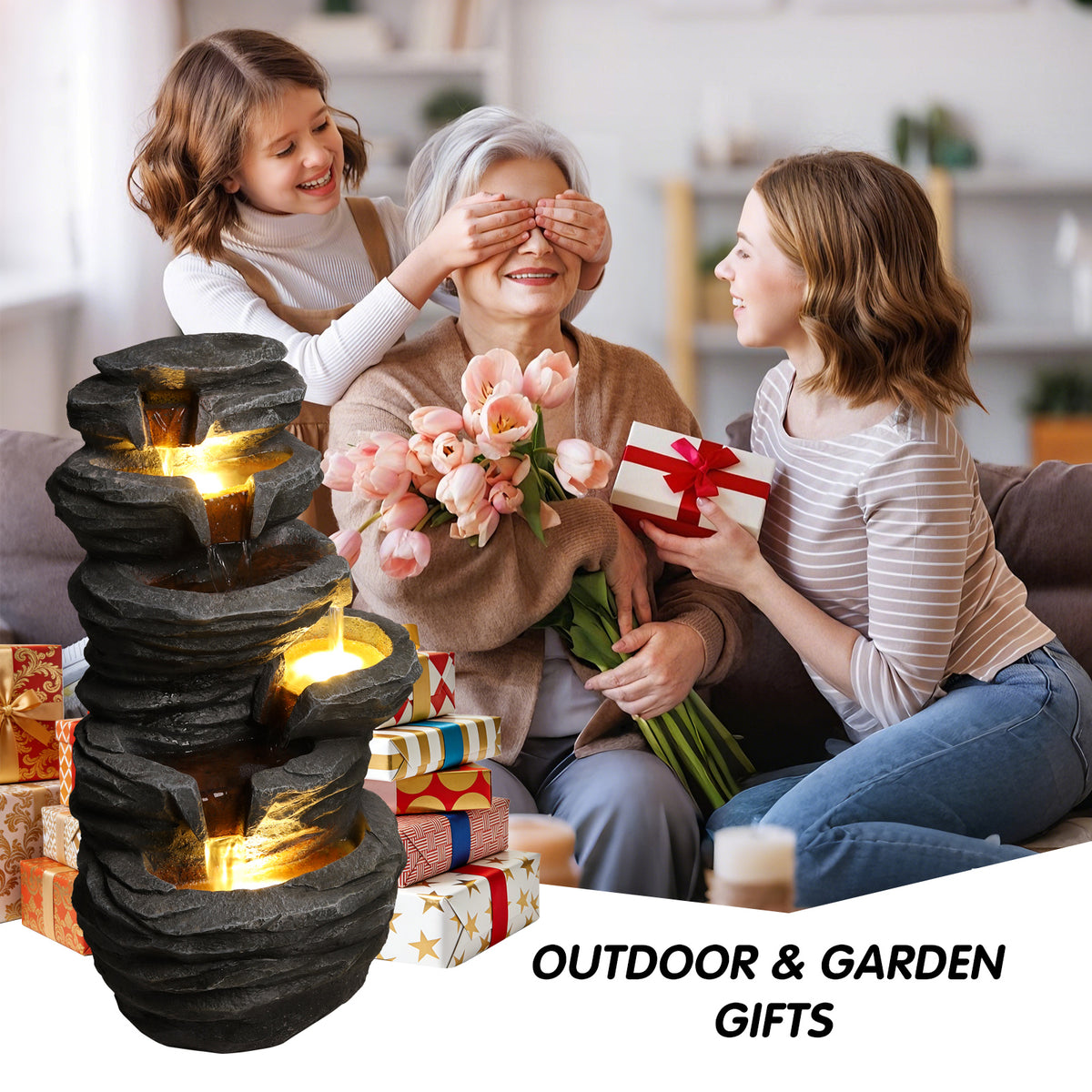 Outdoor Waterfall Fountain With LED Lights, Gray Resin Stacked Rock Cascading Water Feature, 25.6 In. Garden Decor for Patio and Porch