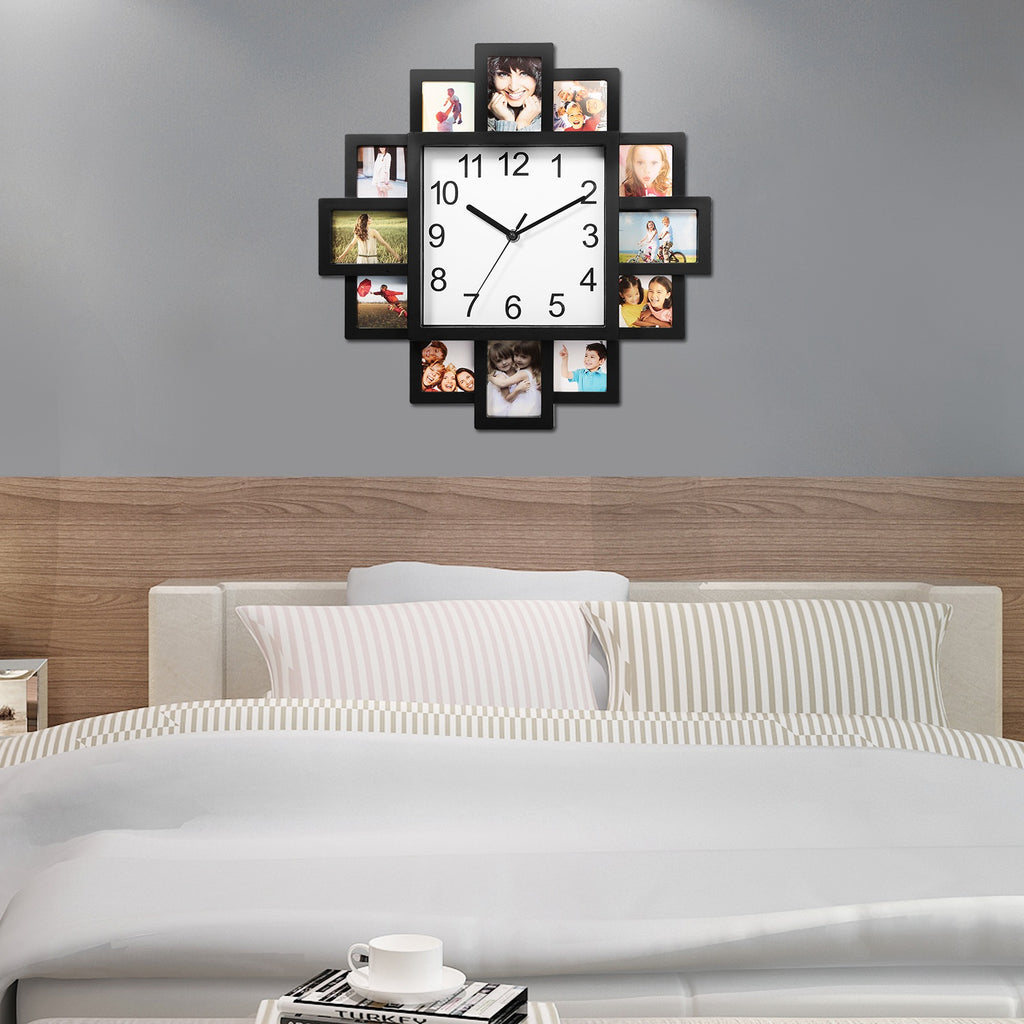 Photo Frame Wall Clock With 12 Picture Collage Openings, Black ABS, 15.35 In Square Family Photo Display