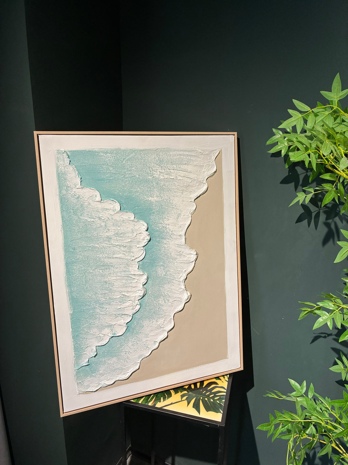 Framed Ocean Wave Wall Art, Set of 2 Textured Canvas Paintings, 25 x 33 In, Aqua Blue and Beige Coastal Decor