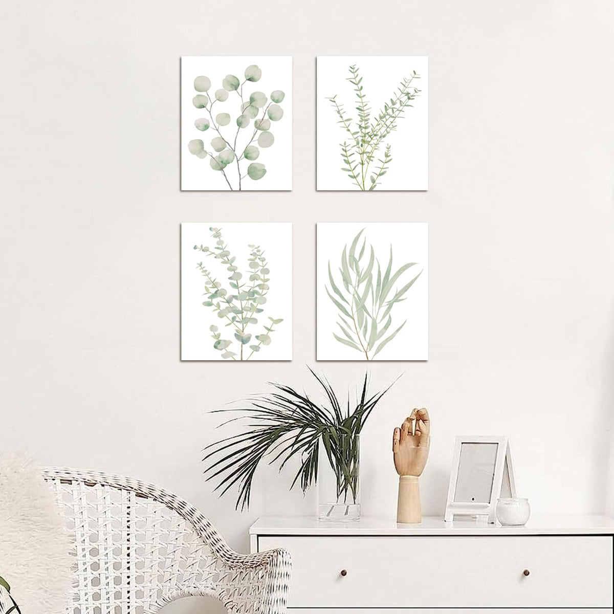 Botanical Eucalyptus Canvas Wall Art, Set of 4 Framed 8x10 Sage Green Prints for Bathroom and Bedroom