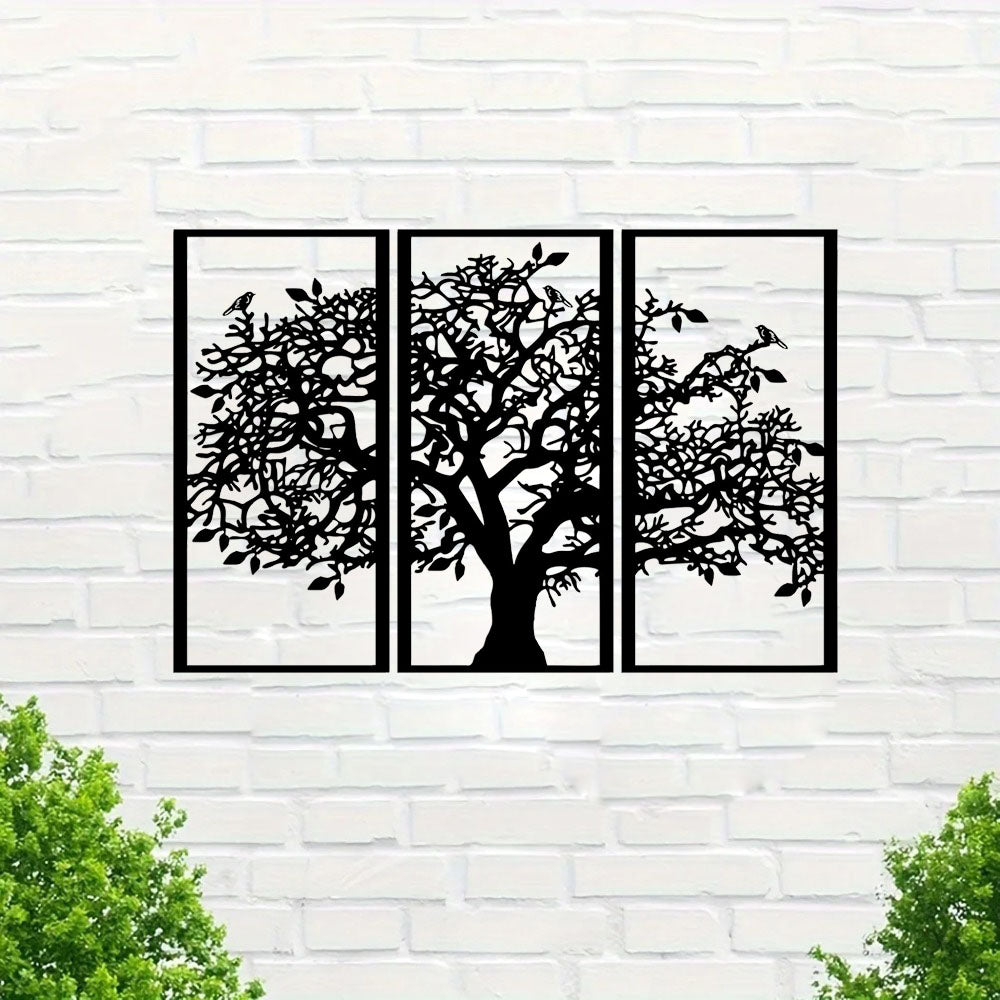 3-Piece Tree of Life Metal Wall Art, Black Wrought Iron Triptych Wall Hanging Decor