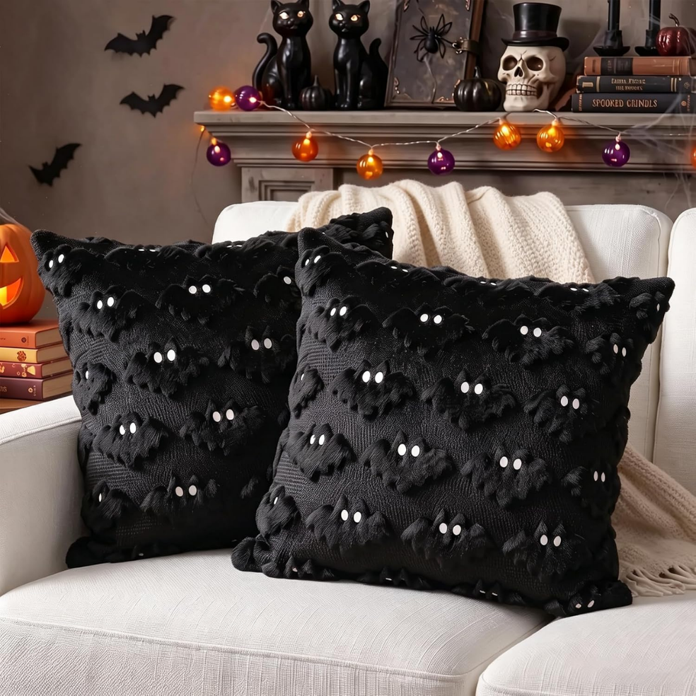 Halloween Bat Pillow Covers, Set of 2 Black Plush Tufted Throw Cushion Covers for Sofa and Bed