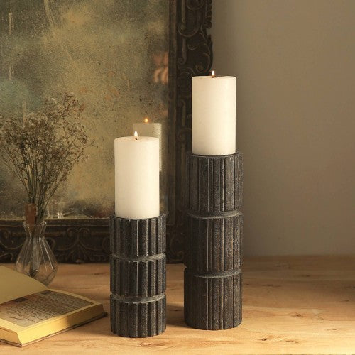 Wooden Pillar Candle Holder, Carved Ribbed Centerpiece Candle Stand, 4 x 12 in.