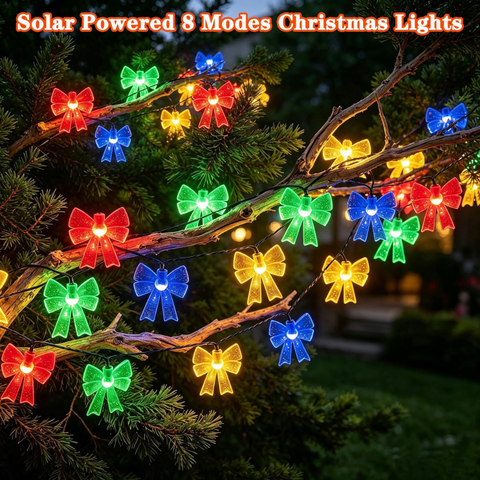 Solar Bow String Lights, 50 LED Multicolor Christmas Fairy Lights, 30.68 ft Waterproof Outdoor Garden Decor with 8 Modes