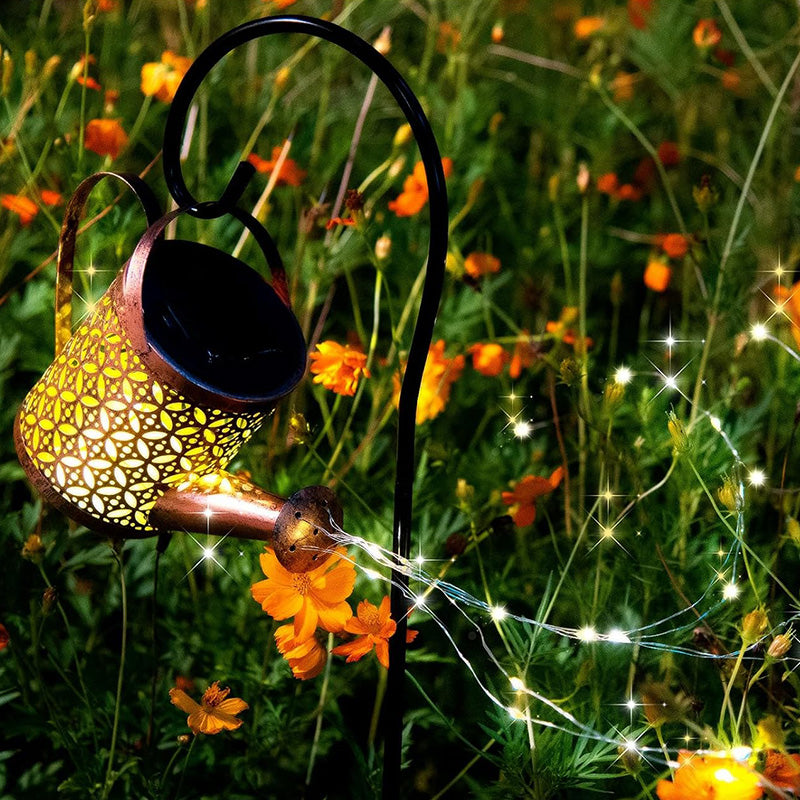Solar Watering Can Lights With Cascading String Lights, 2 Pack Metal Garden Stake Lanterns