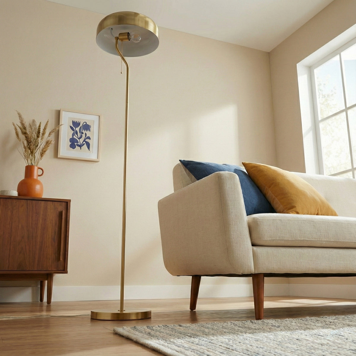 Gold Metal Floor Lamp With Dome Shade, 55" Tall Pull Chain Standing Lamp for Living Room, Bedroom and Office