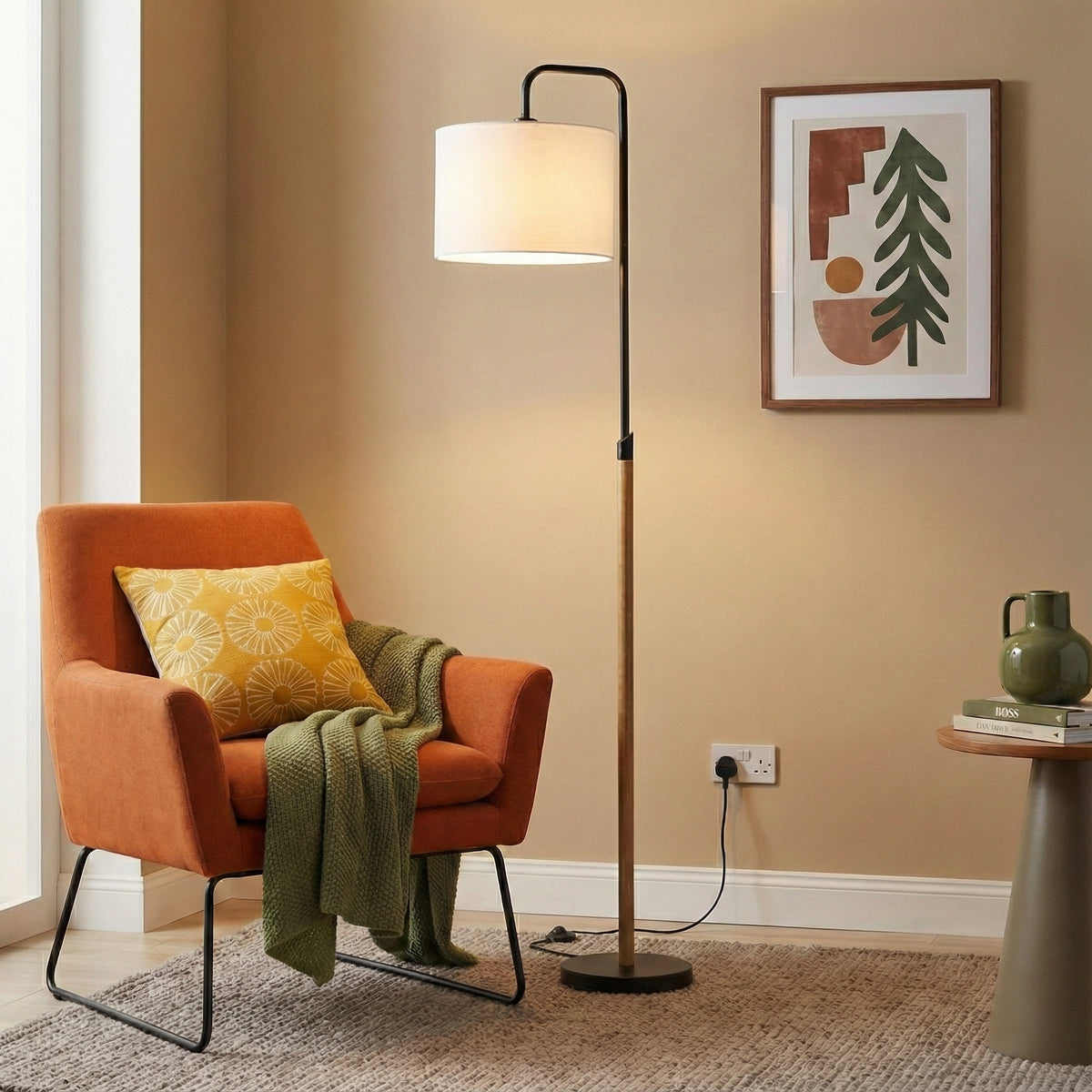 Arc Floor Lamp With White Cylinder Shade, Black Metal and Wood-Look Pole, 59" Standing Reading Light