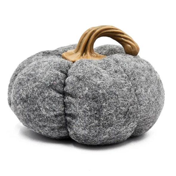 Gray Fabric Pumpkin Decor, Set of 3 Plush Fall Pumpkins With Resin Stems, 8.3 x 8.3 x 5.5 Inches