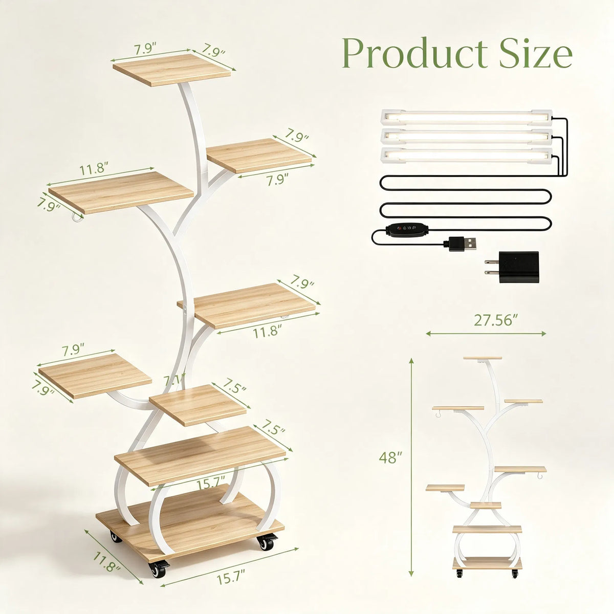 Tree Shaped Plant Stand with Full Spectrum LED Grow Light, White Metal 8-Tier Indoor Plant Shelf with Lockable Wheels, 48 Inches