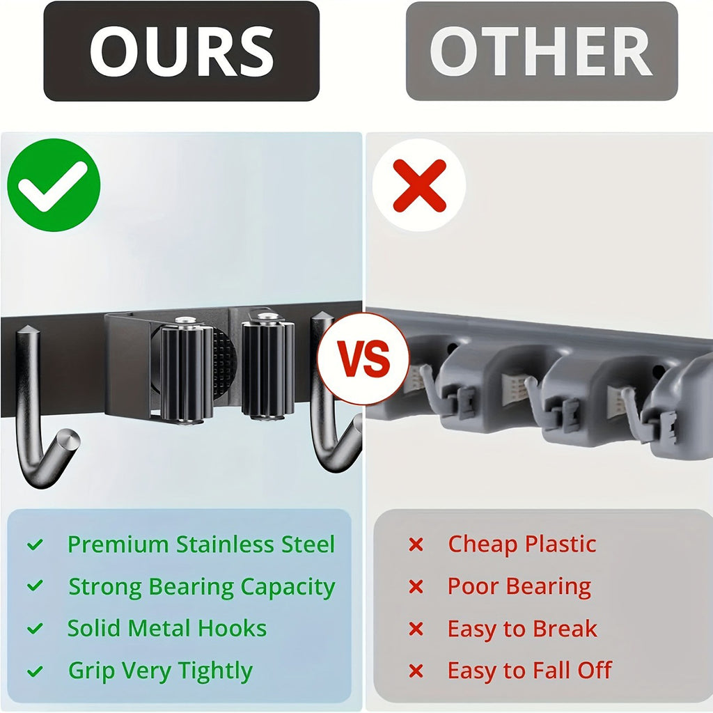 Broom and Mop Holder Wall Mount, Black Stainless Steel Garden Tool Organizer with 5 Slots and 4 Hooks, 17 in