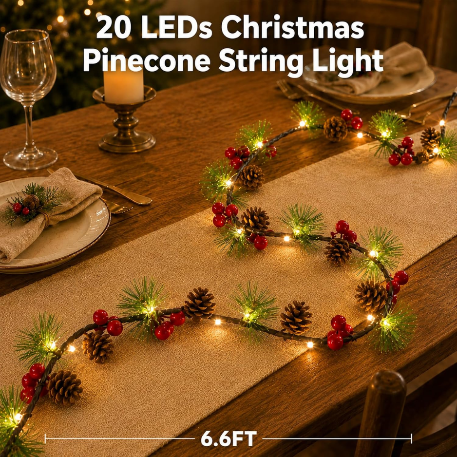 Pine Cone Christmas String Lights, 20 Warm White LED Battery Operated Garland With Red Berries, 6.6 Ft